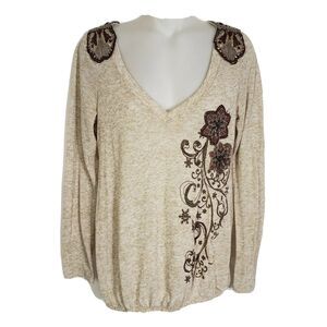 Lulumari Women's Medium Top Brown Embroidered Applique Shirt Sweater Boho V Neck